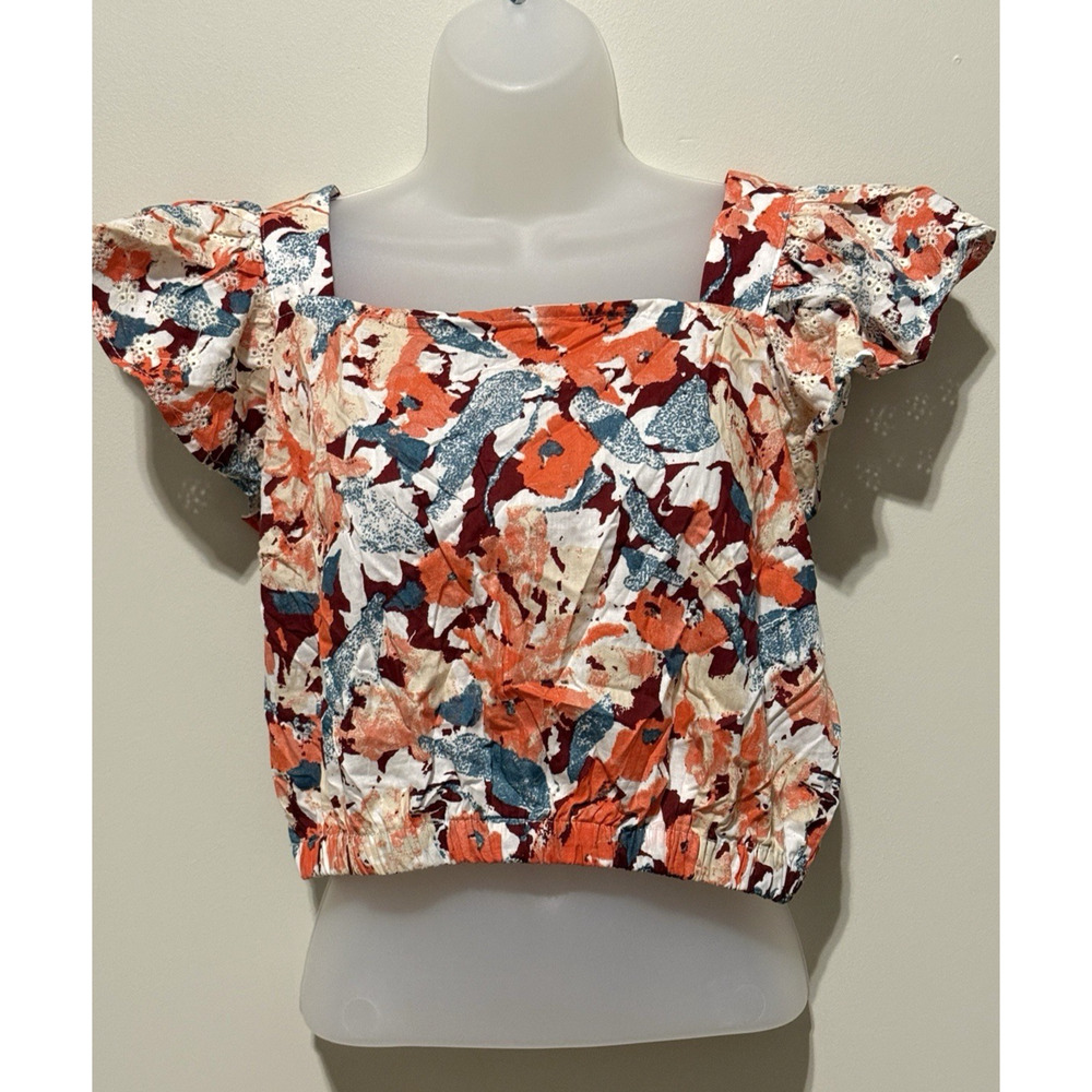 Luna Moon Women Floral Short Ruffle Sleeves Crop Tie Back Blouse Size Large NWT